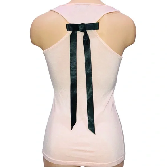 Y2K VTG Forever 21 Pink Racerback Tank Top Black Sequin Bow Coquette Girl Sz S - Picture 3 of 5